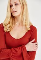 Bayan Kahverengi Uzun Kollu V Yaka Tişört