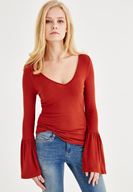 Bayan Kahverengi Uzun Kollu V Yaka Tişört