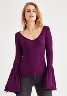 Bayan Mor Uzun Kollu V Yaka Tişört