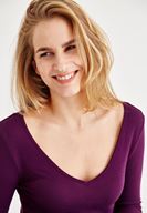 Bayan Mor Uzun Kollu V Yaka Tişört