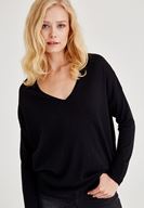 Bayan Siyah Uzun Kollu Yanları Detaylı Triko