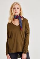 Bayan Yeşil Uzun Kollu Yanları Detaylı Triko