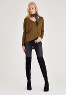 Bayan Yeşil Uzun Kollu Yanları Detaylı Triko