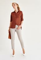 Bayan Krem Düşük Bel Boru Paça Pantolon