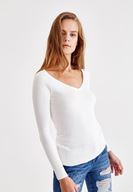 Bayan Krem V Yaka Uzun Kollu Triko