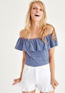 Bayan Mavi Düşük Omuz Bluz