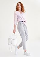 Bayan Gri Kısa Paça Çizgili Pantolon