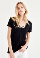 Bayan Siyah Biye Detaylı Simli Tişört