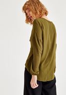 Bayan Yeşil Biye Detaylı Uzun Kollu Bluz