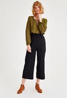 Bayan Yeşil Biye Detaylı Uzun Kollu Bluz