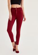 Bayan Bordo Yüksek Bel Dar Paça Skinny Pantolon