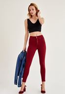 Bayan Bordo Yüksek Bel Dar Paça Skinny Pantolon