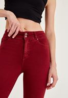 Bayan Bordo Yüksek Bel Dar Paça Skinny Pantolon