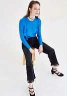 Bayan Mavi Fırfır Detaylı Triko Kazak