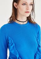 Bayan Mavi Fırfır Detaylı Triko Kazak