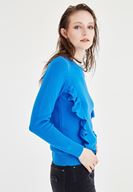 Bayan Mavi Fırfır Detaylı Triko Kazak