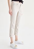 Bayan Krem Kısa Paça Slim Boyfriend Pantolon