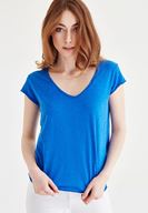 Bayan Mavi V Yaka Pamuklu Tişört