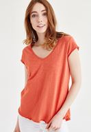 Bayan Turuncu V Yaka Pamuklu Tişört