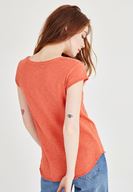 Bayan Turuncu V Yaka Pamuklu Tişört