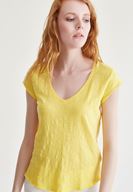 Bayan Sarı V Yaka Pamuklu Tişört