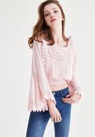 Bayan Pembe Dantel İşlemeli Crop Bluz