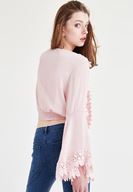 Bayan Pembe Dantel İşlemeli Crop Bluz