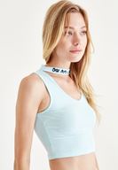 Bayan Mavi Choker Detaylı Yarım Bluz