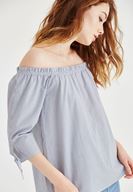 Bayan Siyah/Beyaz Çizgili Bardot Yaka Bluz