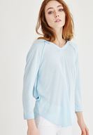 Bayan Mavi Kapüşonlu Dökümlü Tişört