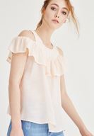 Bayan Pembe Volan Detaylı Omuzları Açık Bluz