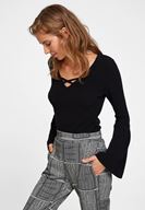 Bayan Siyah Çapraz Biye Detaylı Triko