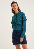 Bayan Yeşil Kol Detaylı Kapüşonlu Sweatshirt