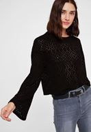 Bayan Siyah Kolları Bol Delik Detaylı Triko
