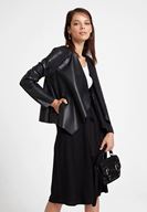 Bayan Siyah Şal Yaka Deri Görünümlü Ceket