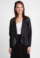 Bayan Siyah Şal Yaka Deri Görünümlü Ceket