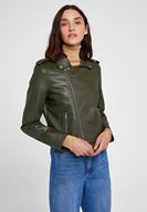 Bayan Yeşil Biker Deri Ceket