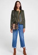 Bayan Yeşil Biker Deri Ceket