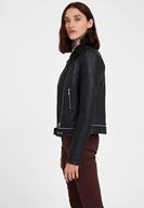 Bayan Siyah Fermuar Detaylı Deri Biker Ceket