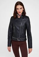 Bayan Siyah Fermuar Detaylı Deri Biker Ceket