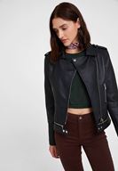 Bayan Siyah Fermuar Detaylı Deri Biker Ceket