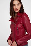 Bayan Bordo Fermuar Detaylı Deri Biker Ceket