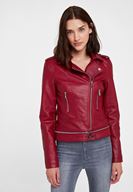 Bayan Bordo Fermuar Detaylı Deri Biker Ceket