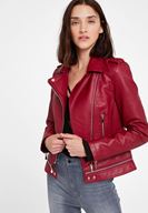 Bayan Bordo Fermuar Detaylı Deri Biker Ceket