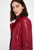 Bayan Bordo Fermuar Detaylı Deri Biker Ceket
