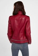 Bayan Bordo Fermuar Detaylı Deri Biker Ceket