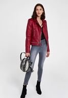 Bayan Bordo Fermuar Detaylı Deri Biker Ceket