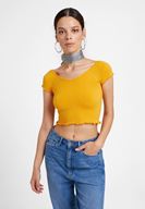 Bayan Turuncu Lastikli Crop Bluz