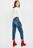 Bayan Mavi Yüksek Bel Paça Detaylı Mom Jean