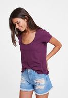 Bayan Mor U Yaka Detaylı Basic Tişört